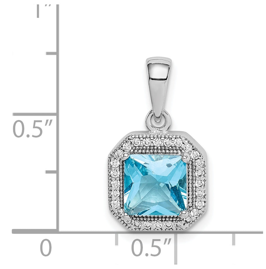Sterling Silver Rhodium Plated Clear Cubic Zirconia and Square Blue Cubic Zirconia Pendant, March