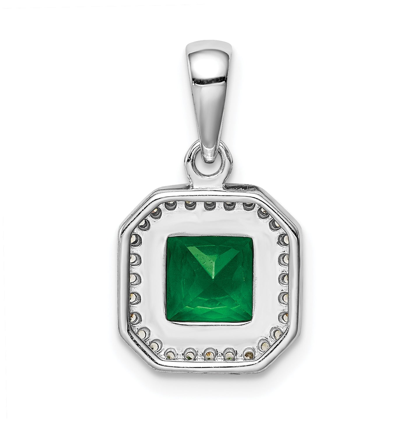 Sterling Silver Rhodium Plated Clear Cubic Zirconia and Square Green Cubic Zirconia Pendant, May