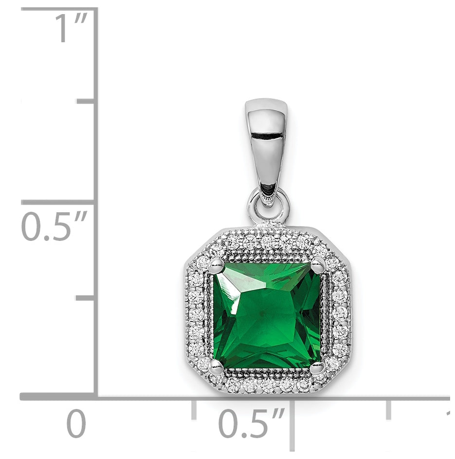 Sterling Silver Rhodium Plated Clear Cubic Zirconia and Square Green Cubic Zirconia Pendant, May