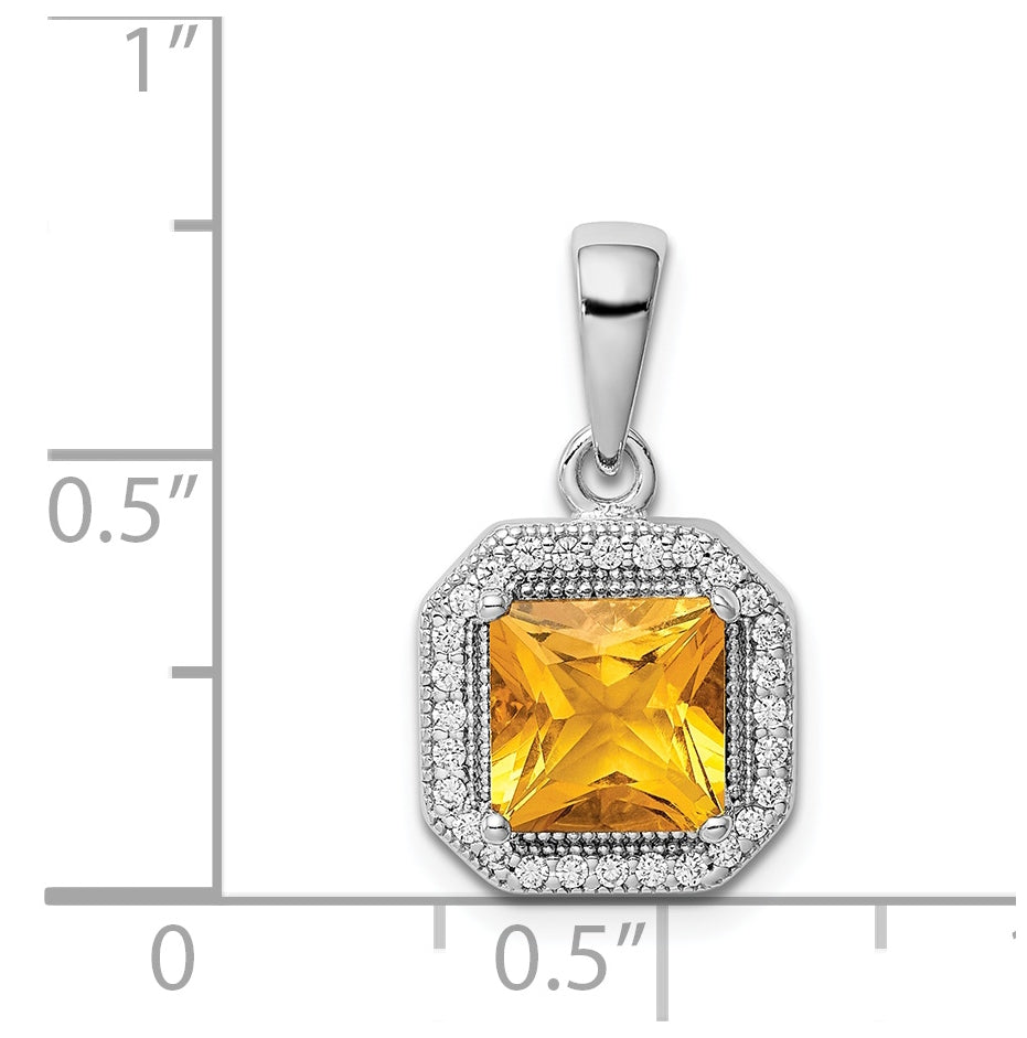 Sterling Silver Rhodium Plated Clear Cubic Zirconia and Square Yellow Cubic Zirconia Pendant