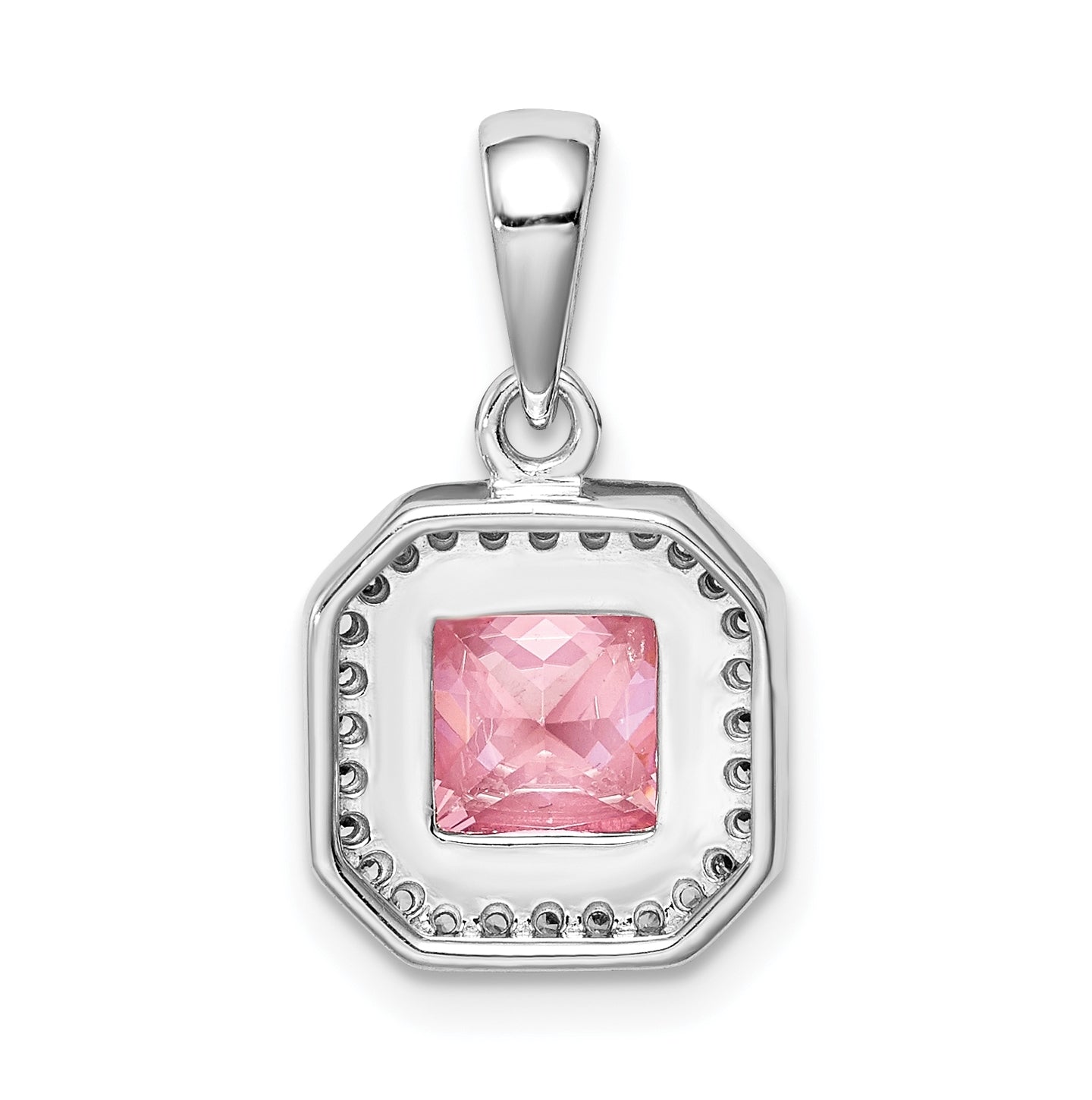 Sterling Silver Rhodium Plated Clear Cubic Zirconia and Square Pink Cubic Zirconia Pendant