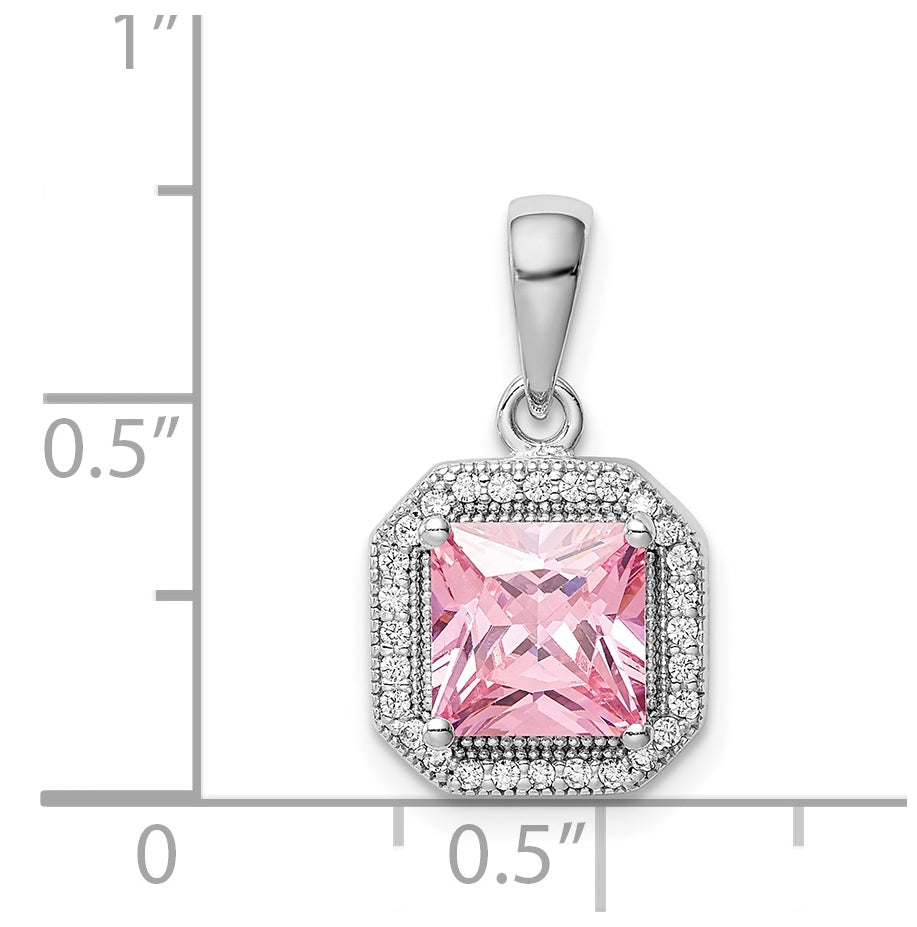 Sterling Silver Rhodium Plated Clear Cubic Zirconia and Square Pink Cubic Zirconia Pendant