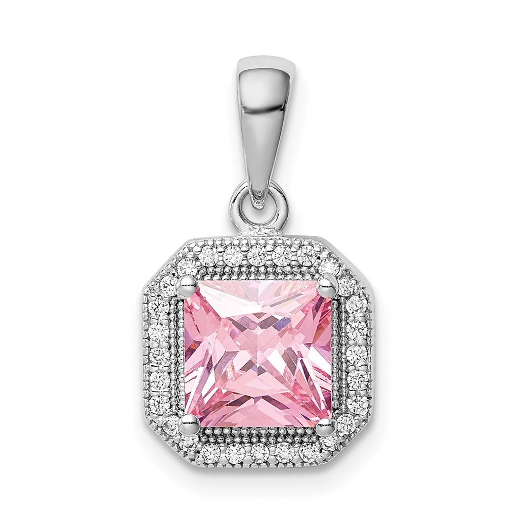 Sterling Silver Rhodium Plated Clear Cubic Zirconia and Square Pink Cubic Zirconia Pendant