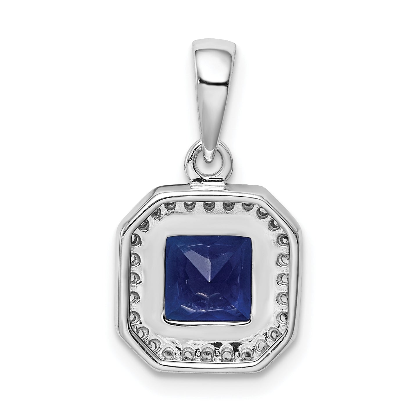 Sterling Silver Rhodium Plated Clear Cubic Zirconia and Square Blue Cubic Zirconia Pendant, September