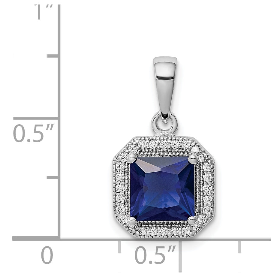 Sterling Silver Rhodium Plated Clear Cubic Zirconia and Square Blue Cubic Zirconia Pendant, September