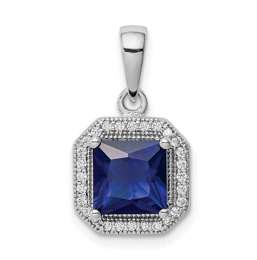 Sterling Silver Rhodium Plated Clear Cubic Zirconia and Square Blue Cubic Zirconia Pendant, September
