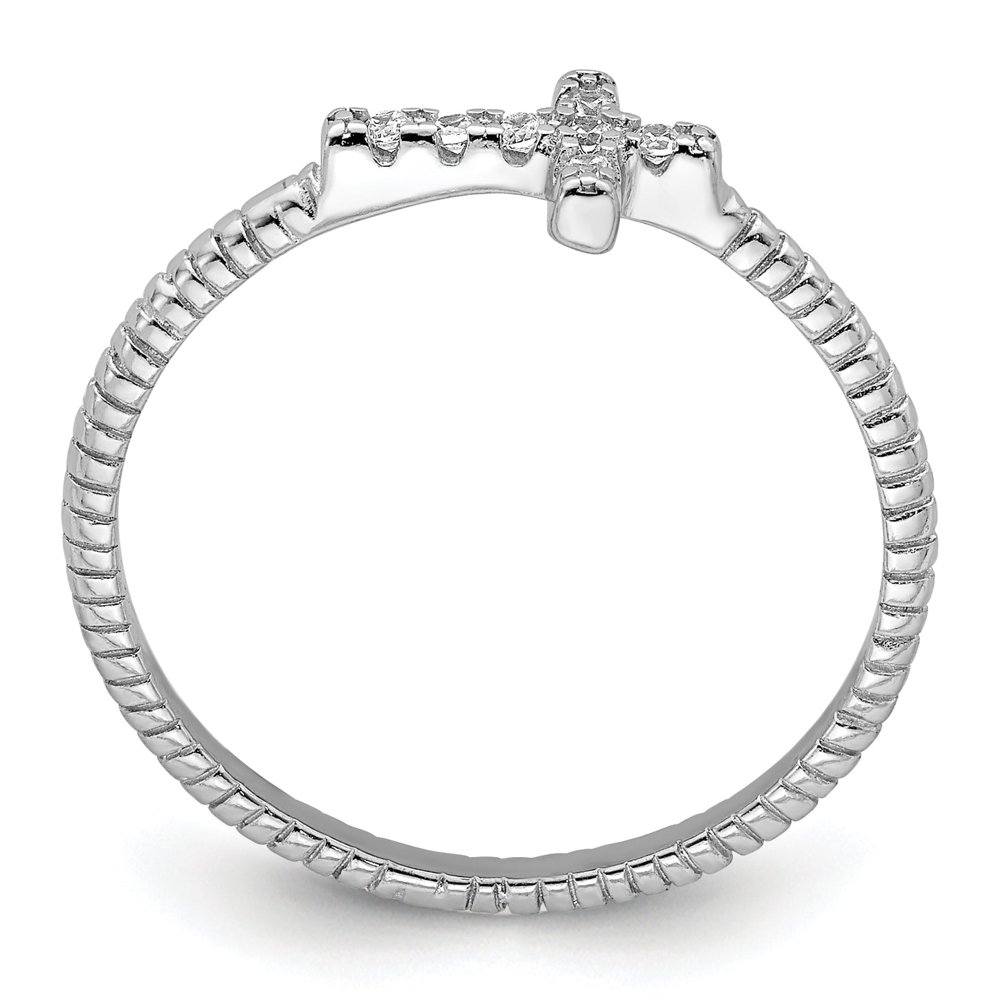 Sterling Silver Rhodium plated Polished & Textured Cubic Zirconia Cross Ring, Size 8