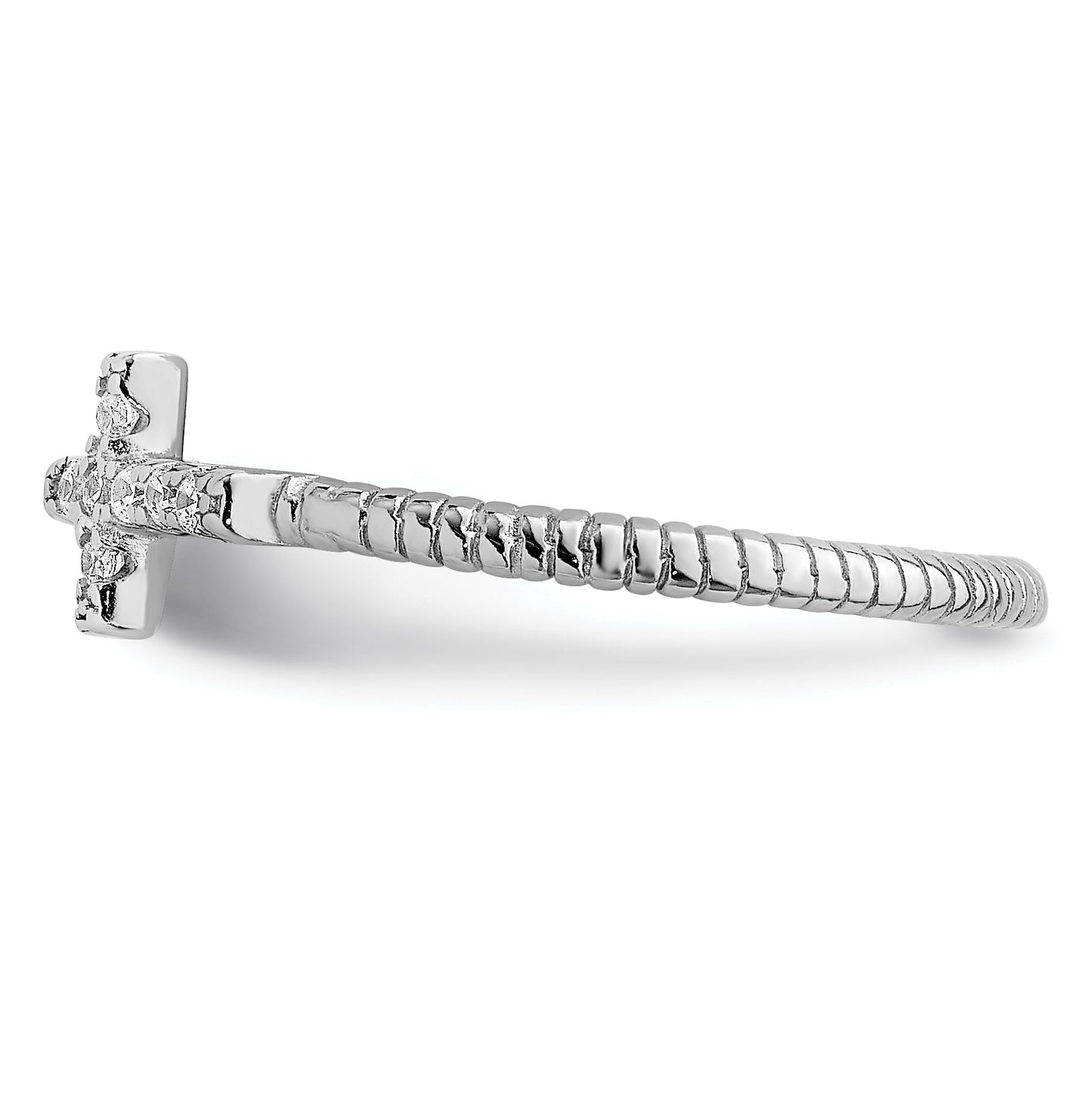 Sterling Silver Rhodium plated Polished & Textured Cubic Zirconia Cross Ring, Size 7