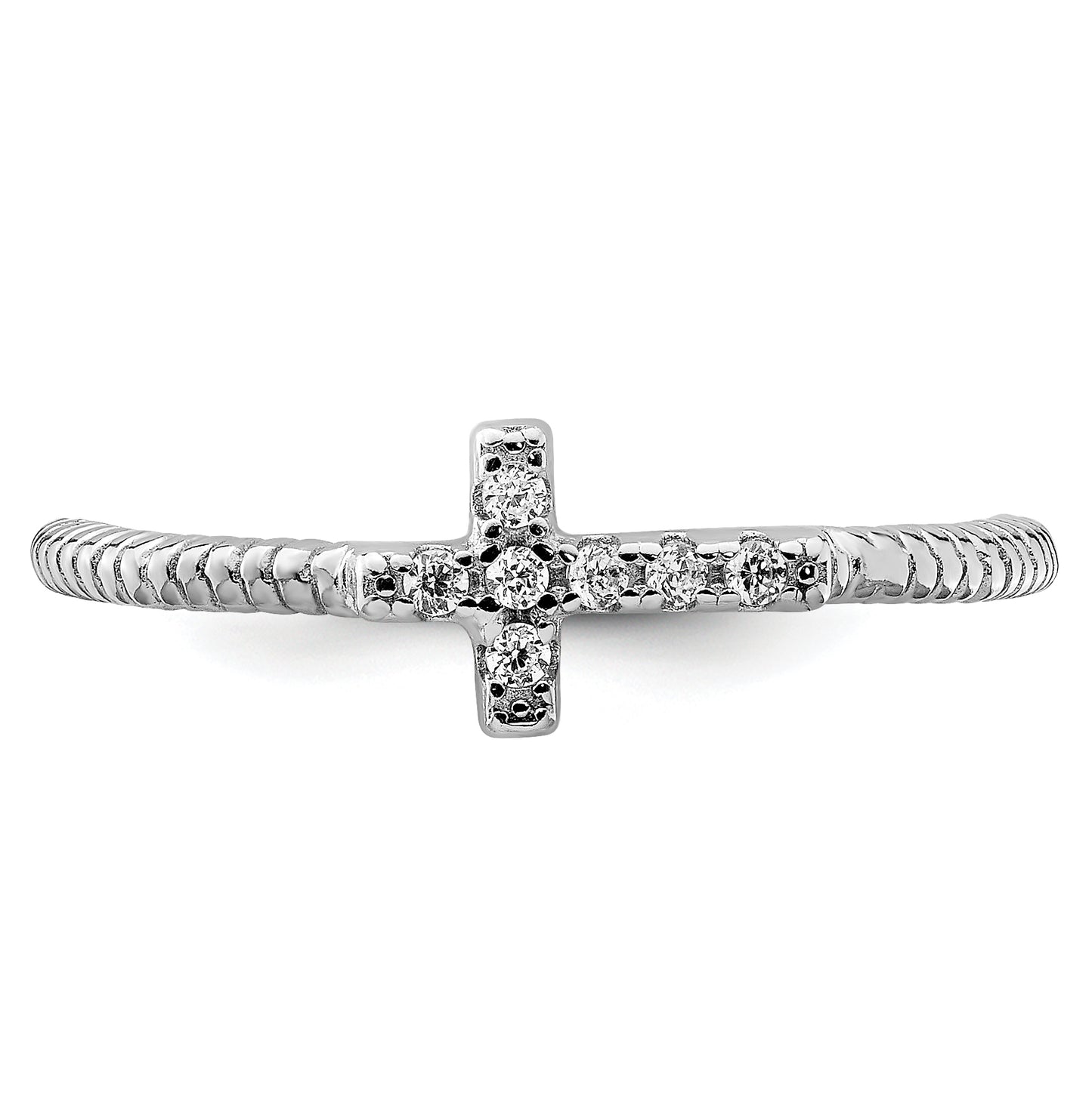 Sterling Silver Rhodium plated Polished & Textured Cubic Zirconia Cross Ring, Size 7