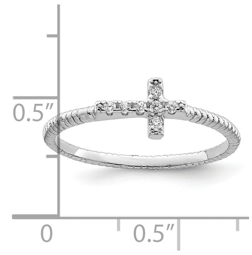 Sterling Silver Rhodium plated Polished & Textured Cubic Zirconia Cross Ring, Size 8