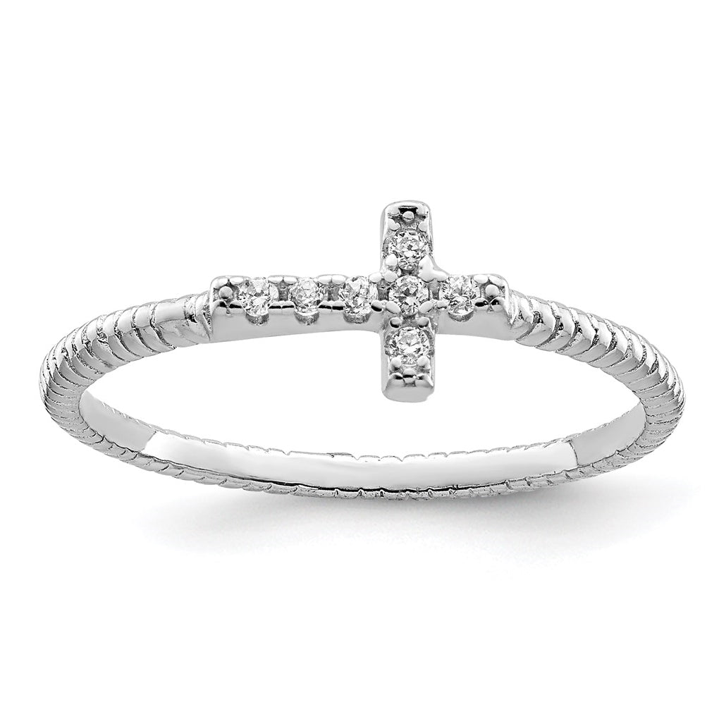 Sterling Silver Rhodium plated Polished & Textured Cubic Zirconia Cross Ring, Size 7