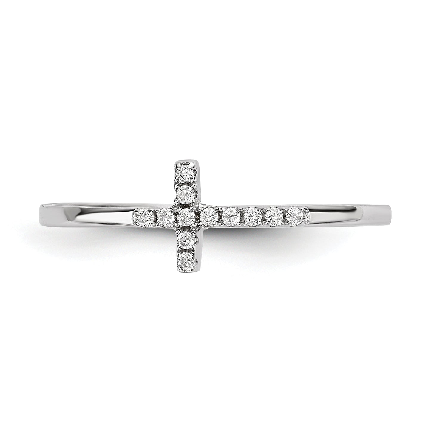 Sterling Silver Rhodium plated Cubic Zirconia Side Cross Polished Ring, Size 6