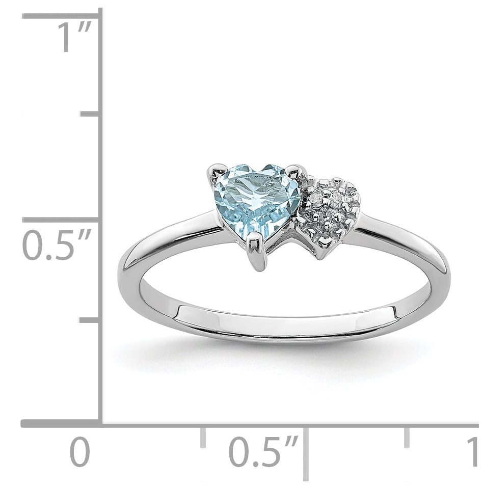 Sterling Silver Rhodium plated Polished Aquamarine and Diamond Ring, Size 8