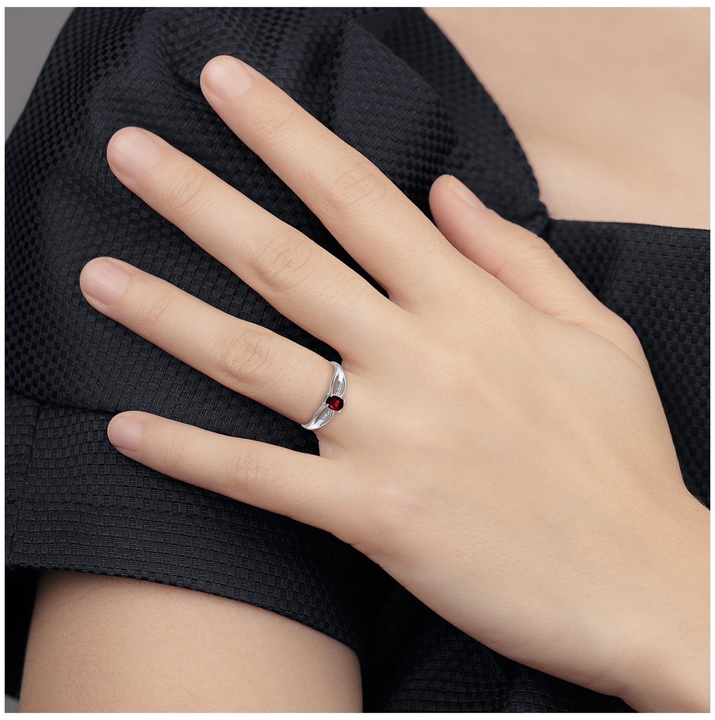 Sterling Silver Rhodium Plated Diamond Garnet Ring, Size 7