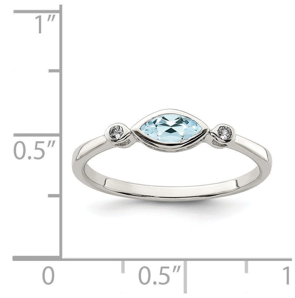 Sterling Silver Rhodium plated Polished Aquamarine/White Topaz Ring, Size 7