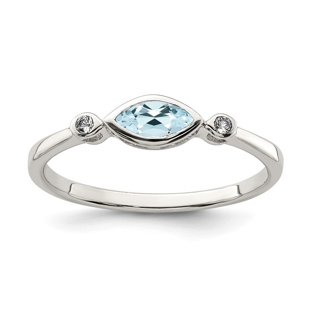 Sterling Silver Rhodium plated Polished Aquamarine/White Topaz Ring, Size 7