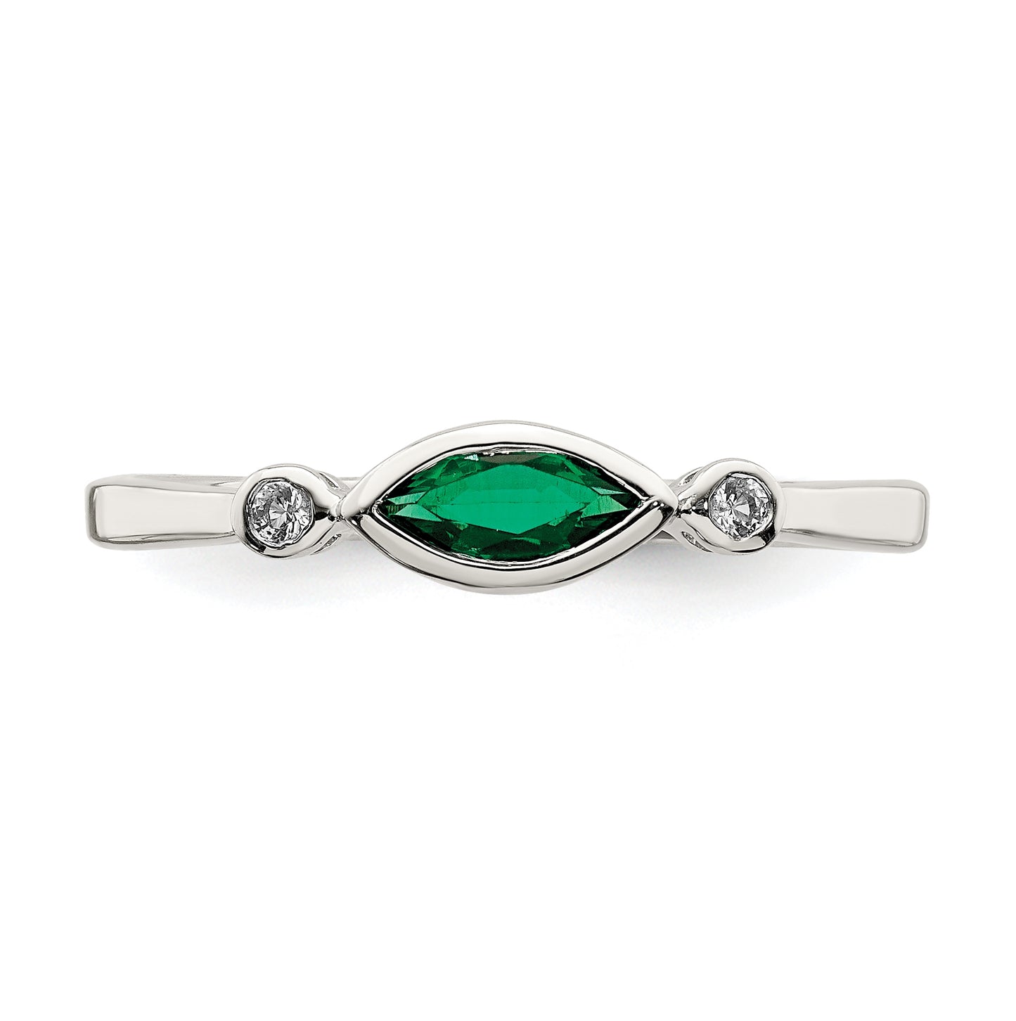 Sterling Silver Rhodium Platedd Polished Created Emerald/White Topaz Ring, Size 7