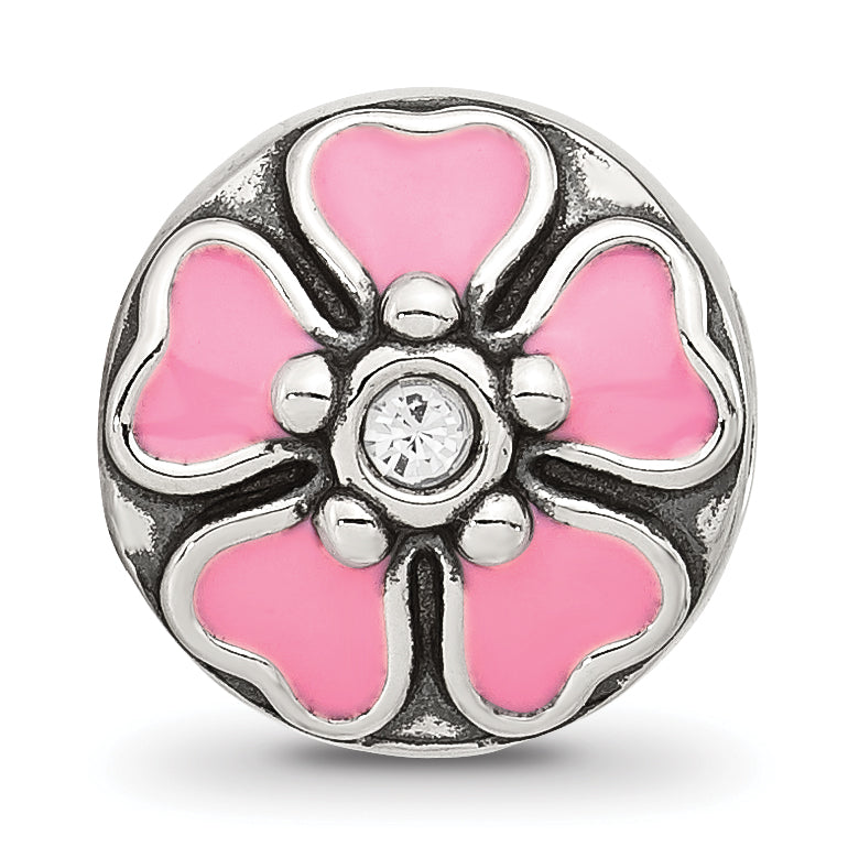Sterling Silver Reflections Pink Enamel and Cubic Zirconia Flower Bead