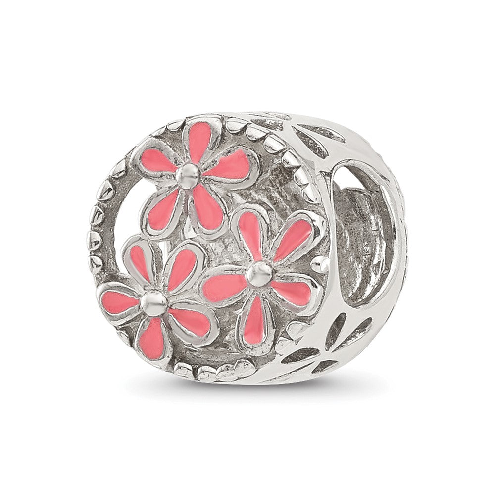 Sterling Silver Reflections Pink Enameled Floral Circle Bead