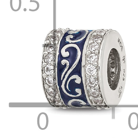 Sterling Silver Reflections Polished Cubic Zirconia Blue Enameled Scroll Bead