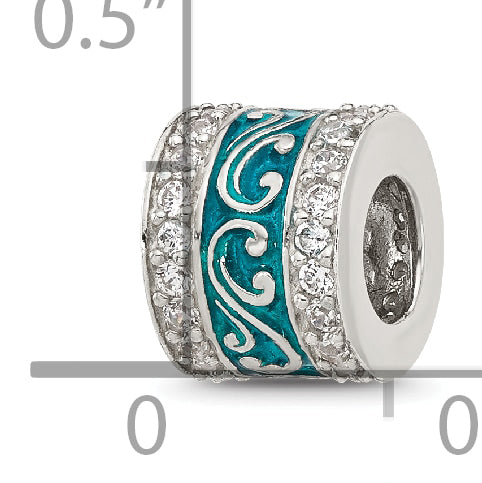 Sterling Silver Reflections Polished Cubic Zirconia Teal Enameled Scroll Bead