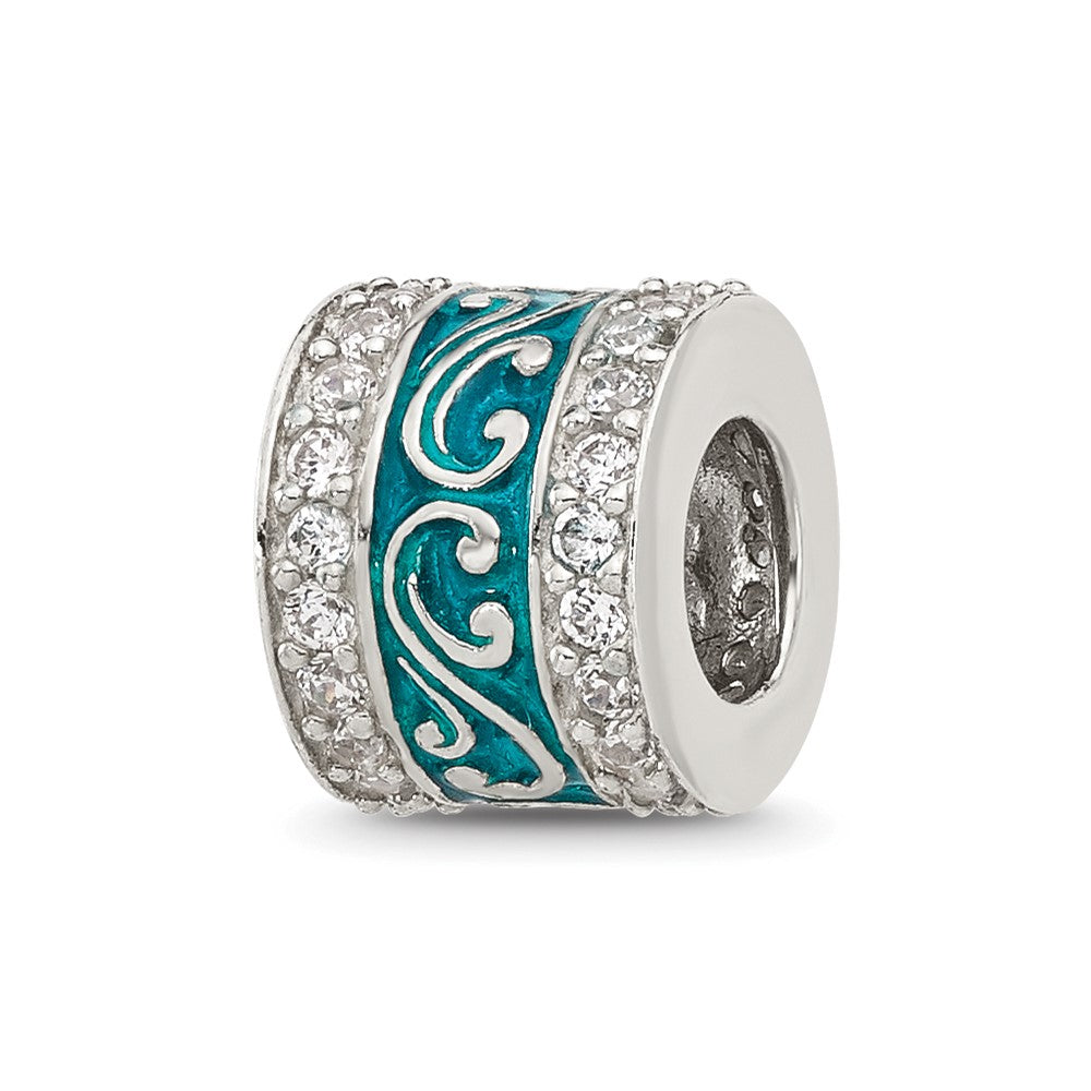 Sterling Silver Reflections Polished Cubic Zirconia Teal Enameled Scroll Bead