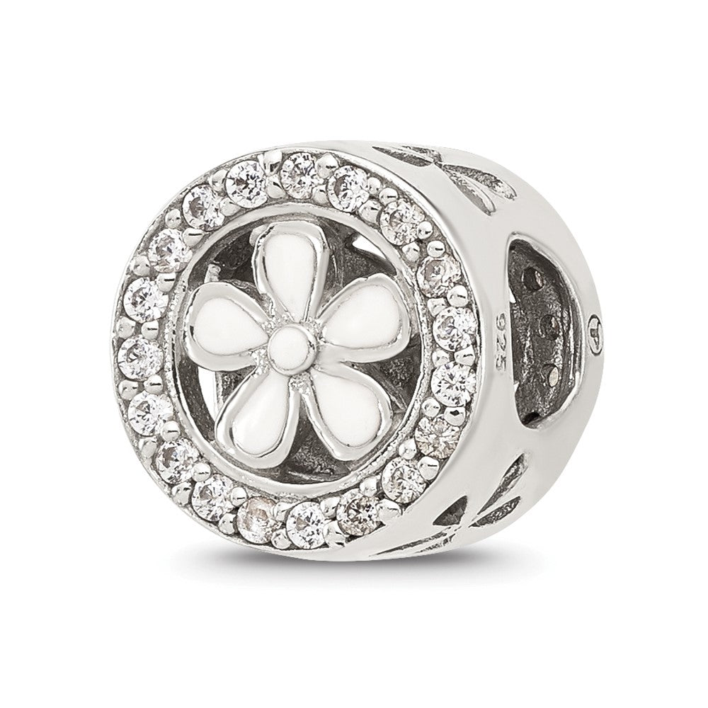 Sterling Silver Reflections Polish Cubic Zirconia and White Enamel Flower Circle Bead