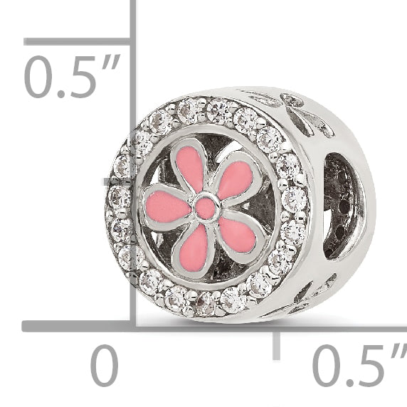 Sterling Silver Reflections Polish Cubic Zirconia and Pink Enamel Flower Circle Bead