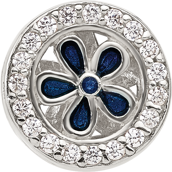 Sterling Silver Reflections Polished Cubic Zirconia and Blue Enamel Flower Circle Bead