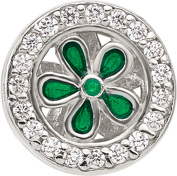 Sterling Silver Reflections Polish Cubic Zirconia and Green Enamel Flower Circle Bead