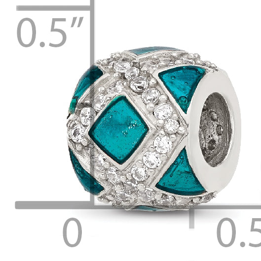 Sterling Silver Reflections Cubic Zirconia Teal Enameled Fancy Bead