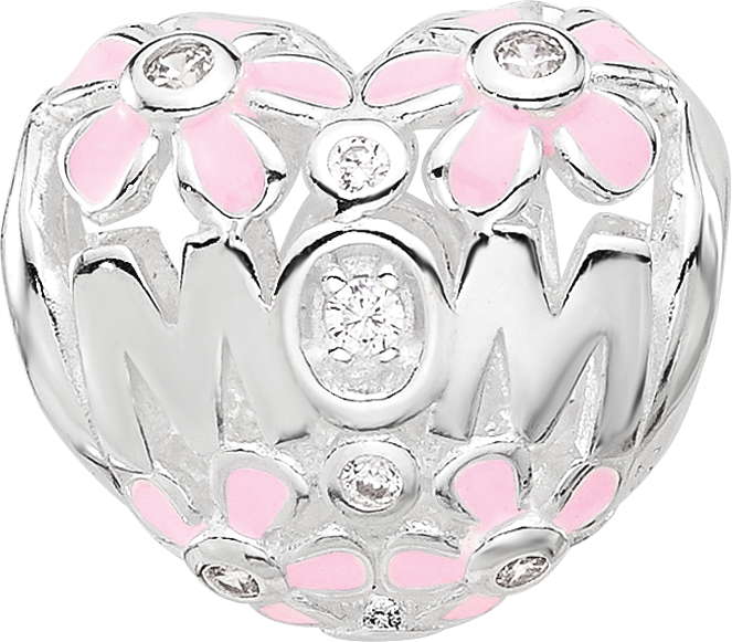 Sterling SIlver Reflections Rhodium Plated Pink Enamel Cubic Zirconia Floral Mom Heart Bead