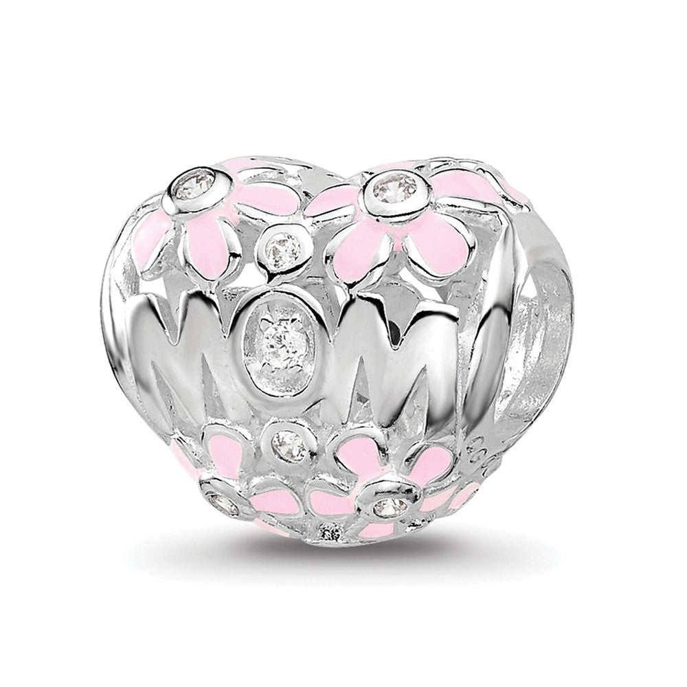 Sterling SIlver Reflections Rhodium Plated Pink Enamel Cubic Zirconia Floral Mom Heart Bead