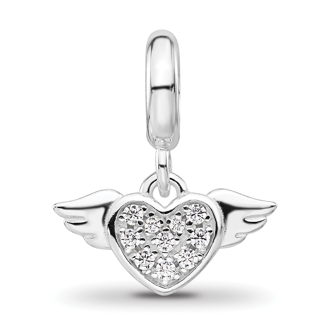 Sterling Silver Reflections Rh-plated Cubic Zirconia Heart with Wings Dangle Bead