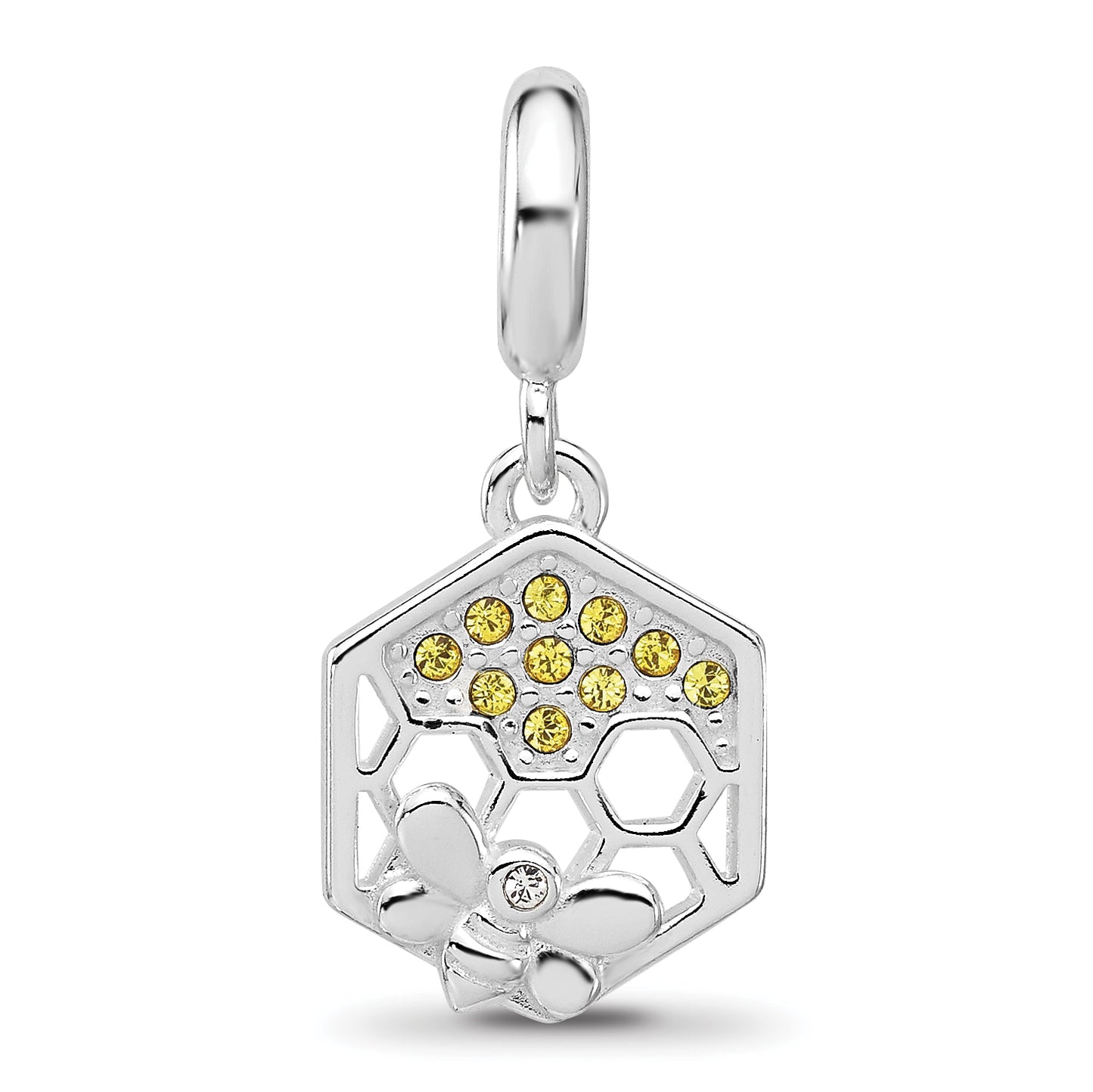 Sterling SIlver Reflections Rhodium Plated Cubic Zirconia Bee With Honeycomb Dangle Bead