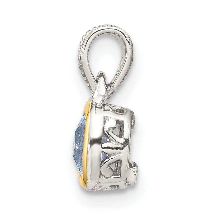 Shey Couture Sterling Silver Rhodium plated with 14k Accent Polished Cushion-cut Aquamarine Pendant