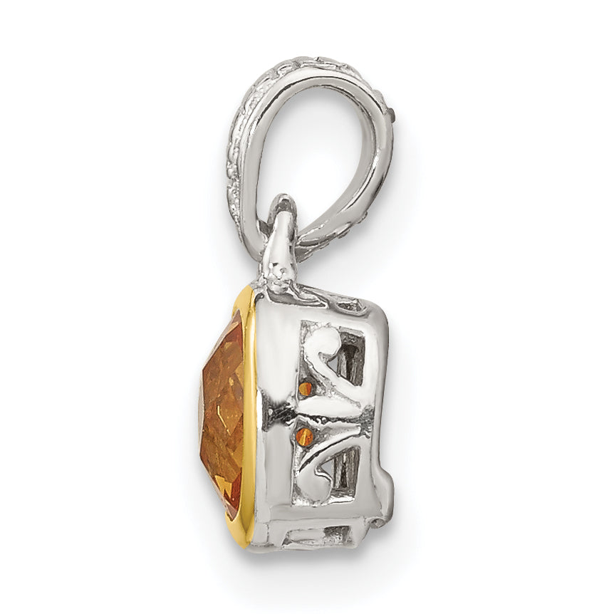 Shey Couture Sterling Silver Rhodium plated with 14k Accent Polished Cushion-cut Citrine Pendant