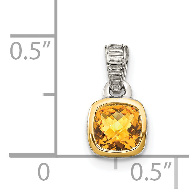 Shey Couture Sterling Silver Rhodium plated with 14k Accent Polished Cushion-cut Citrine Pendant