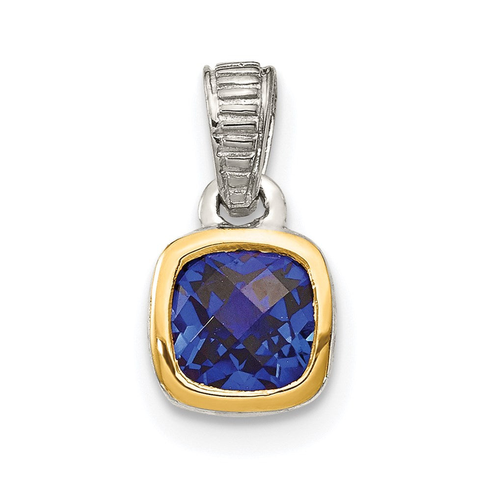 Shey Couture Sterling Silver Rhodium plated with 14k Accent Polished Cushion-cut Created Sapphire Pendant