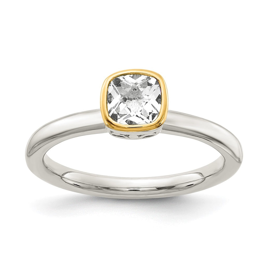 Shey Couture Sterling Silver Rhodium plated with 14K Accent Polished Cushion-cut White Topaz Ring, Size 8