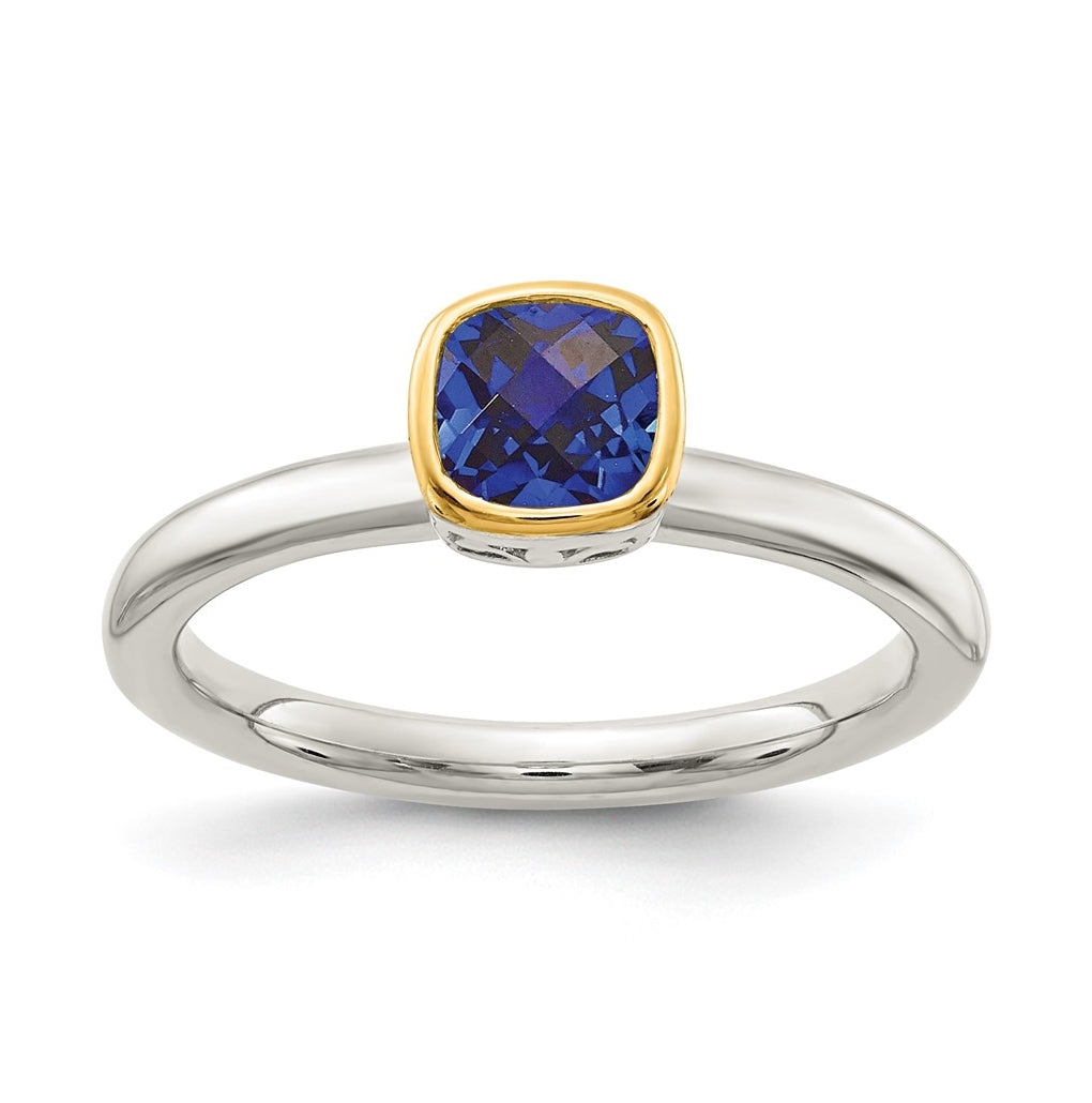 Shey Couture Sterling Silver Rhodium plated with 14K Accent Polished Cushion-cut Created Sapphire Ring, Size 6