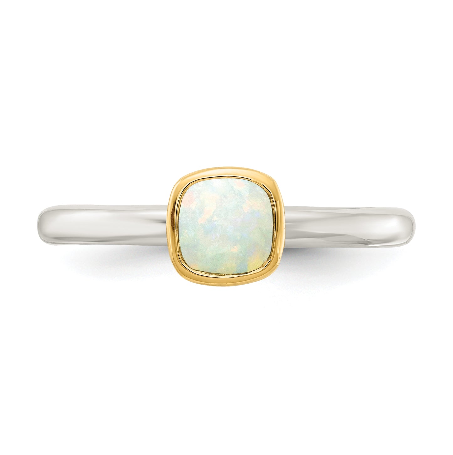 Shey Couture Sterling Silver Rhodium plated with 14K Accent Polished Cushion-cut Milky Opal Ring, Size 7