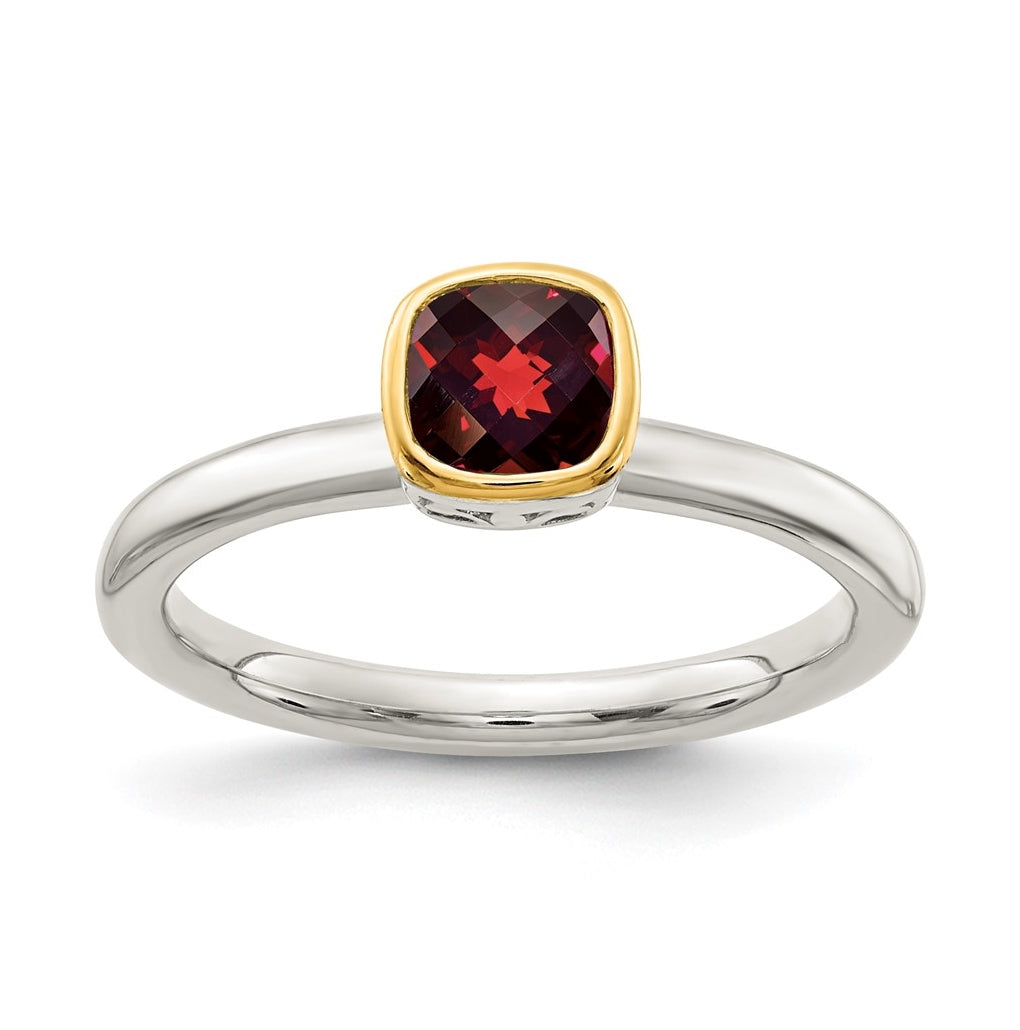 Shey Couture Sterling Silver Rhodium plated with 14K Accent Polished Cushion-cut Garnet Ring, Size 8