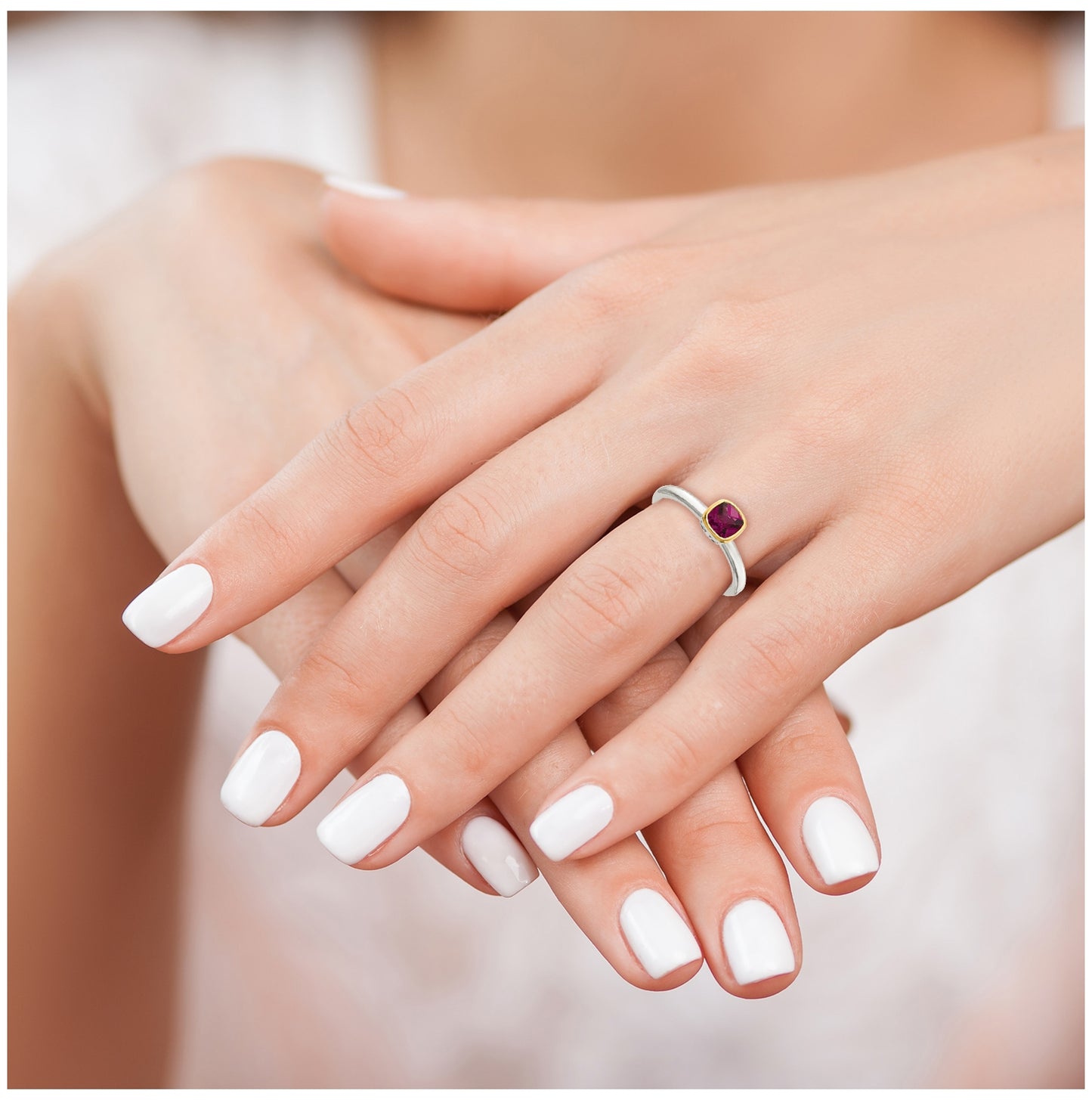 Shey Couture Sterling Silver Rhodium plated with 14K Accent Polished Cushion-cut Rhodolite Garnet Ring, Size 8