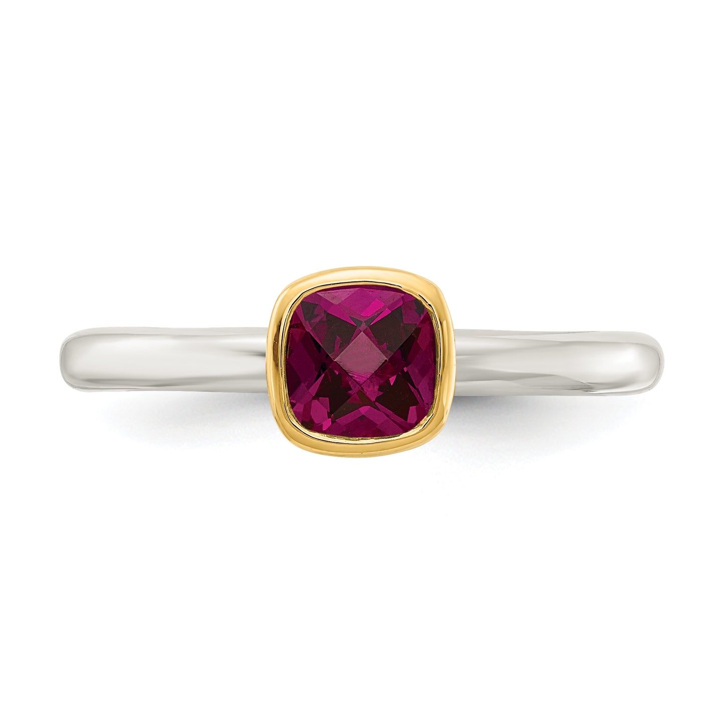Shey Couture Sterling Silver Rhodium plated with 14K Accent Polished Cushion-cut Rhodolite Garnet Ring, Size 8