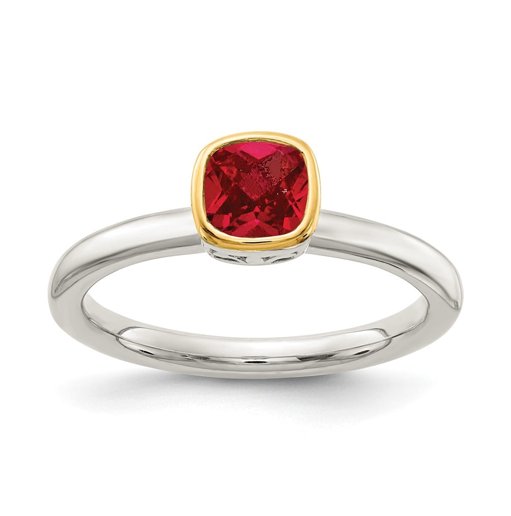 Shey Couture Sterling Silver Rhodium plated with 14K Accent Polished Cushion-cut Created Ruby Ring, Size 7