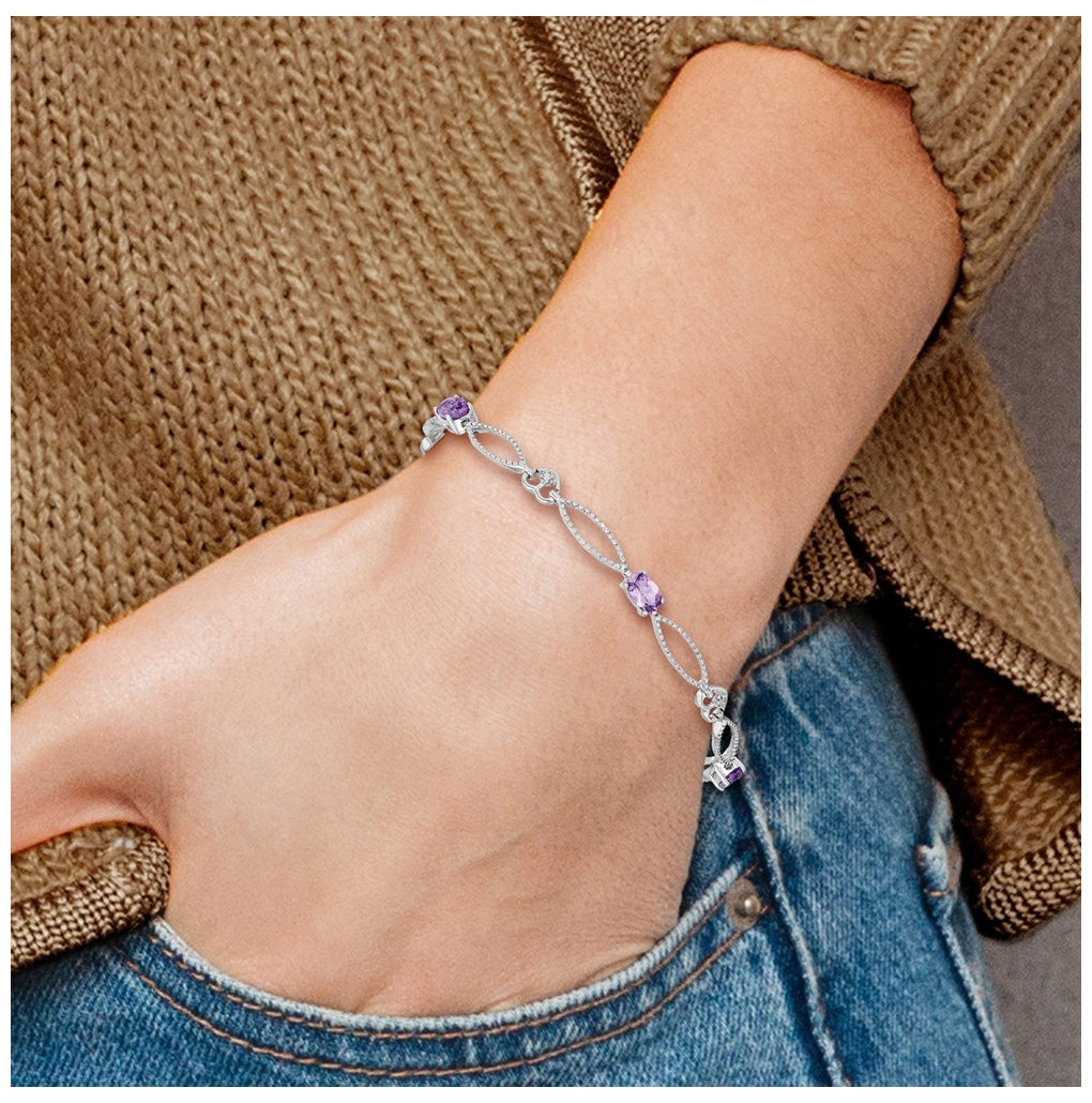 Sterling Silver Rhodium-plated Diamond & Amethyst Oval Diamond Cut Bracelet – Elegant Jewelry Gift for Birthday, Anniversary, Engagement, Wedding