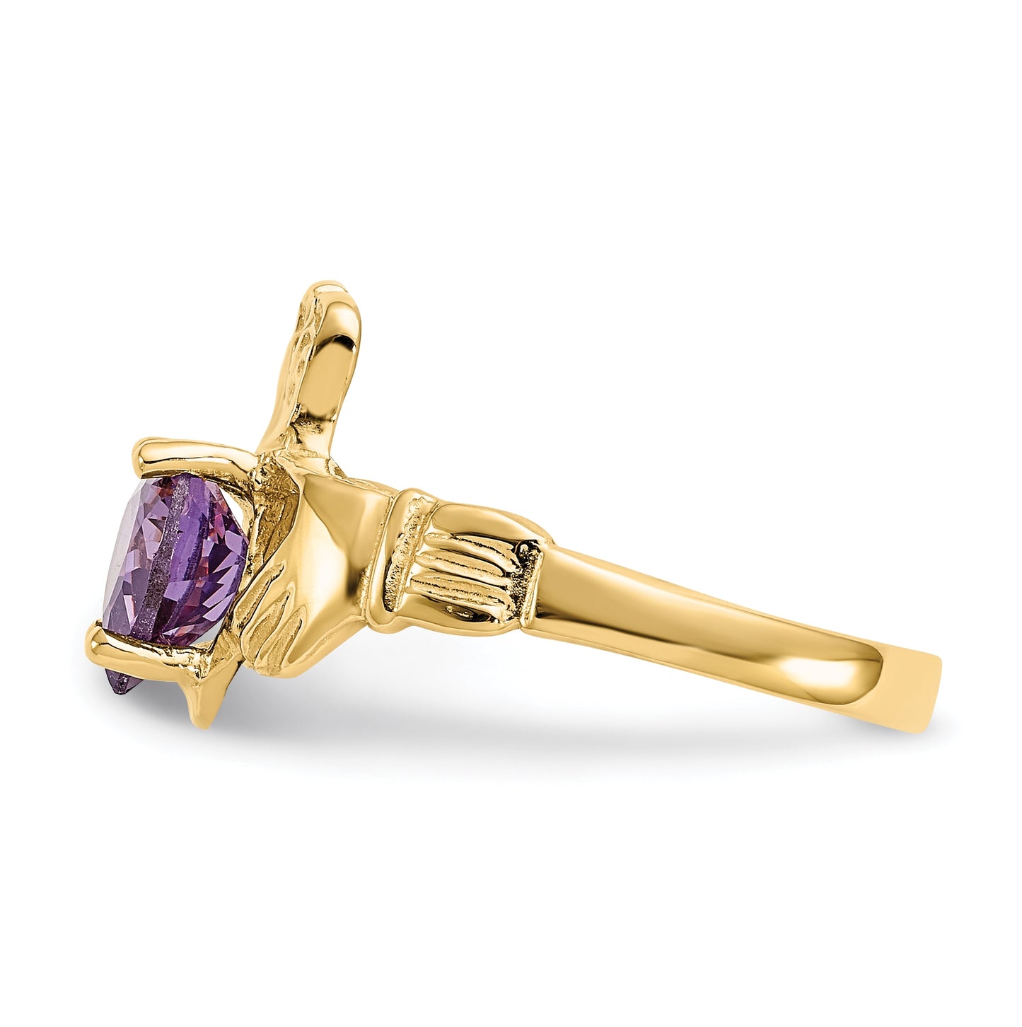 14K Yellow Gold February Cubic Zirconia Birthstone Claddagh Ring
