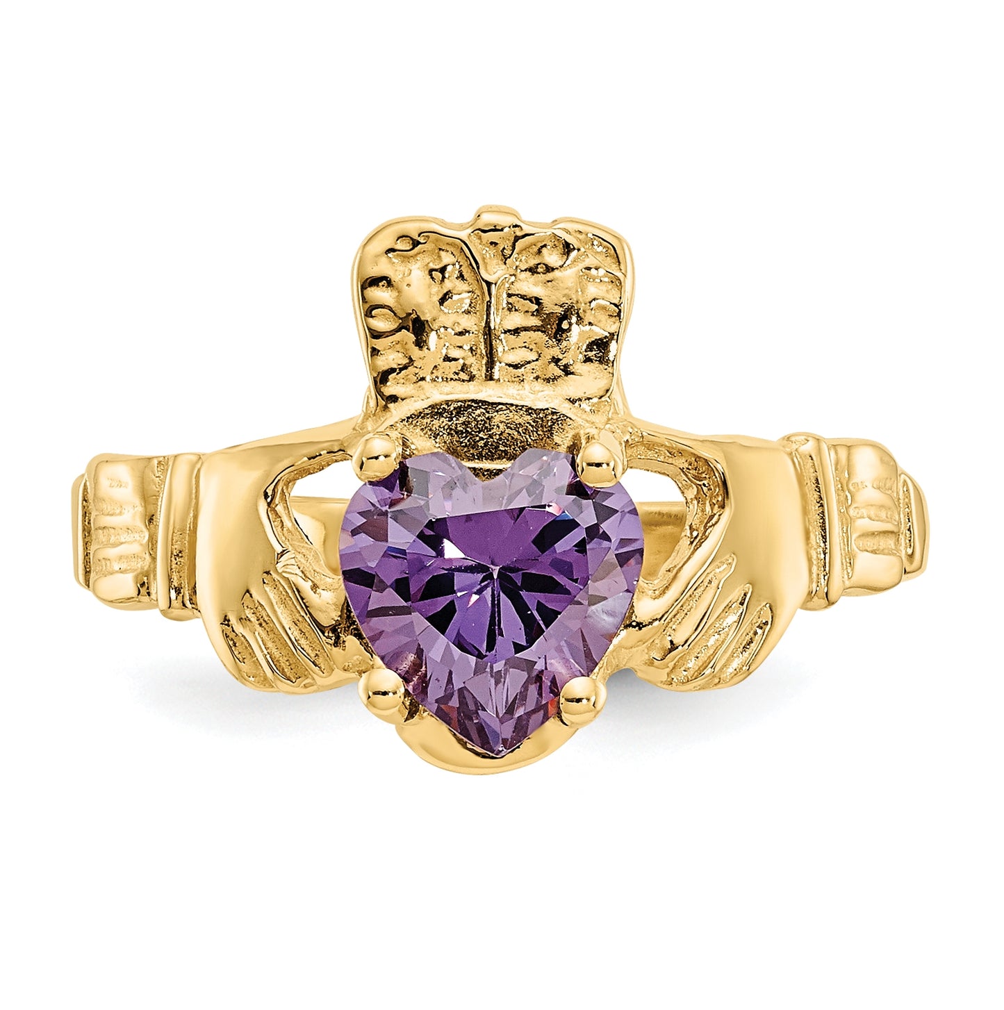 14K Yellow Gold February Cubic Zirconia Birthstone Claddagh Ring