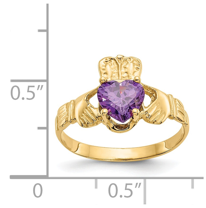 14K Yellow Gold February Cubic Zirconia Birthstone Claddagh Ring